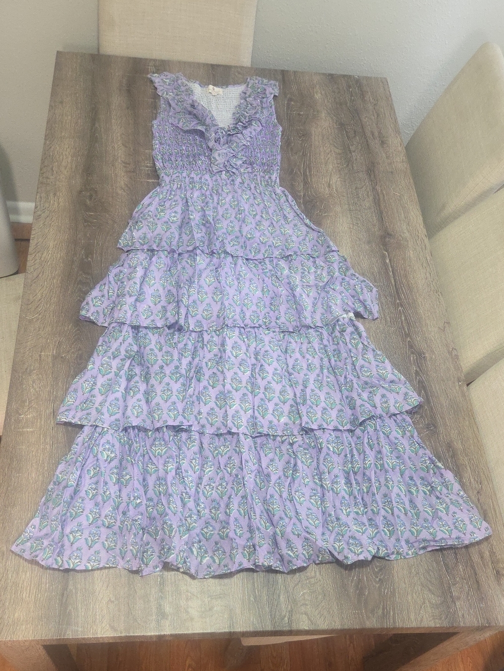Perry Walker Collective Louisa Ruffle Tier Maxi Dress Smocked V-Neck Size 1 XS